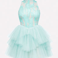 Abito corto in tulle stratificato con bustier in lattice e scollo halter