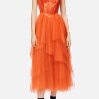 Abito midi in tulle con corpetto effetto bustier spalmato e gonna a balze