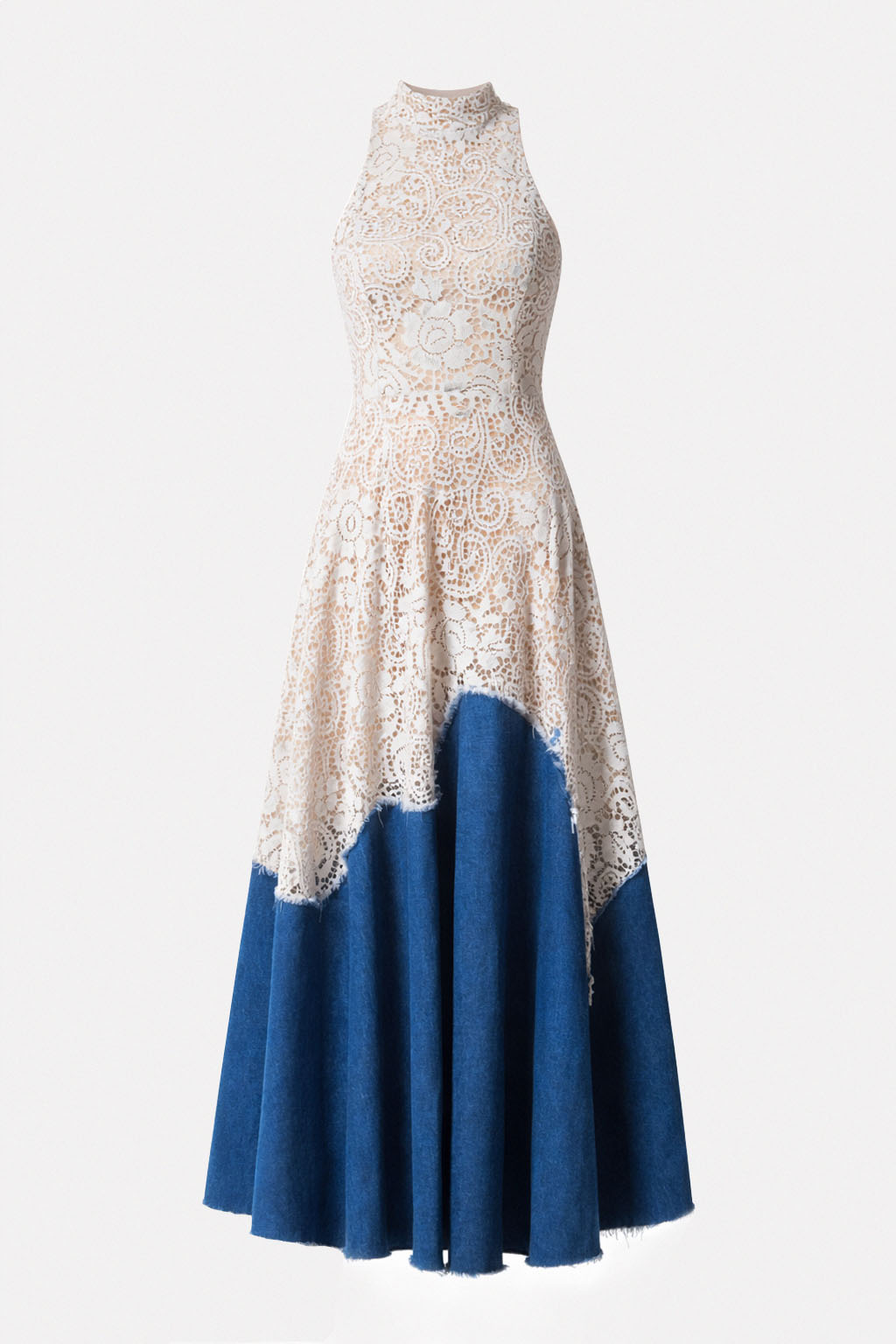 Abito midi in denim e macramé avorio con scollo halter e gonna asimmetrica