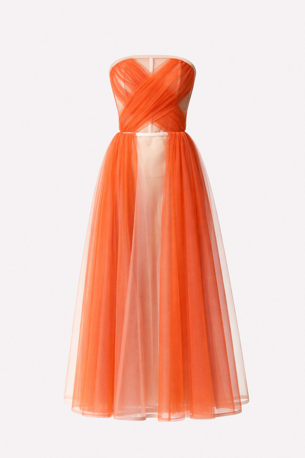 Abito lungo bustier in tulle arancio con base nude in crinolina e drappeggio incrociato