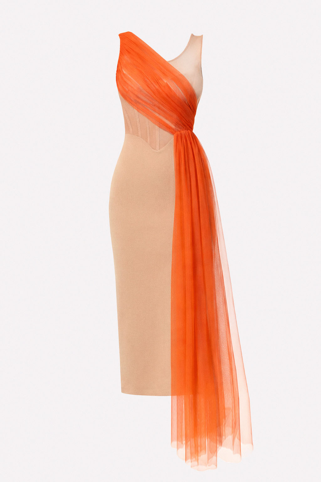 Abito tubino midi con bustier in tulle nude e drappeggio asimmetrico arancio