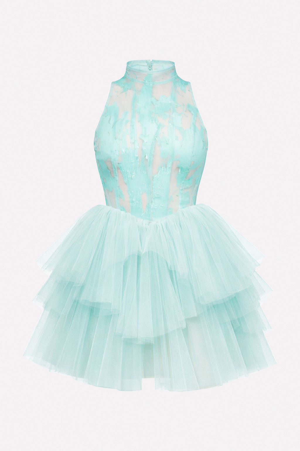 Abito corto in tulle stratificato con bustier in lattice e scollo halter