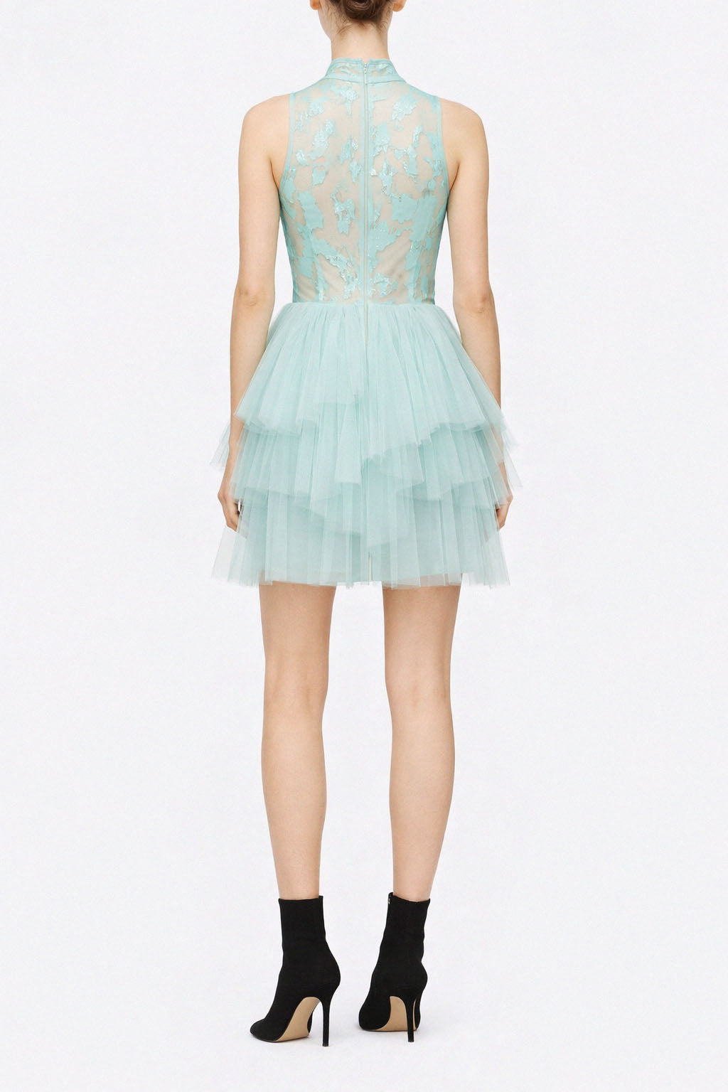 Abito corto in tulle stratificato con bustier in lattice e scollo halter