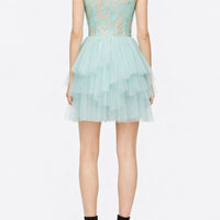 Abito corto in tulle stratificato con bustier in lattice e scollo halter
