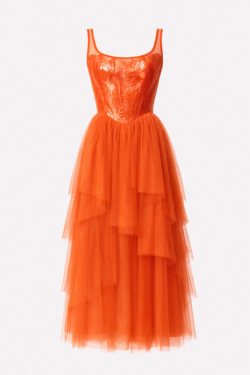 Abito midi in tulle con corpetto effetto bustier spalmato e gonna a balze