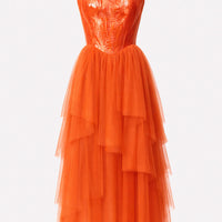 Abito midi in tulle con corpetto effetto bustier spalmato e gonna a balze