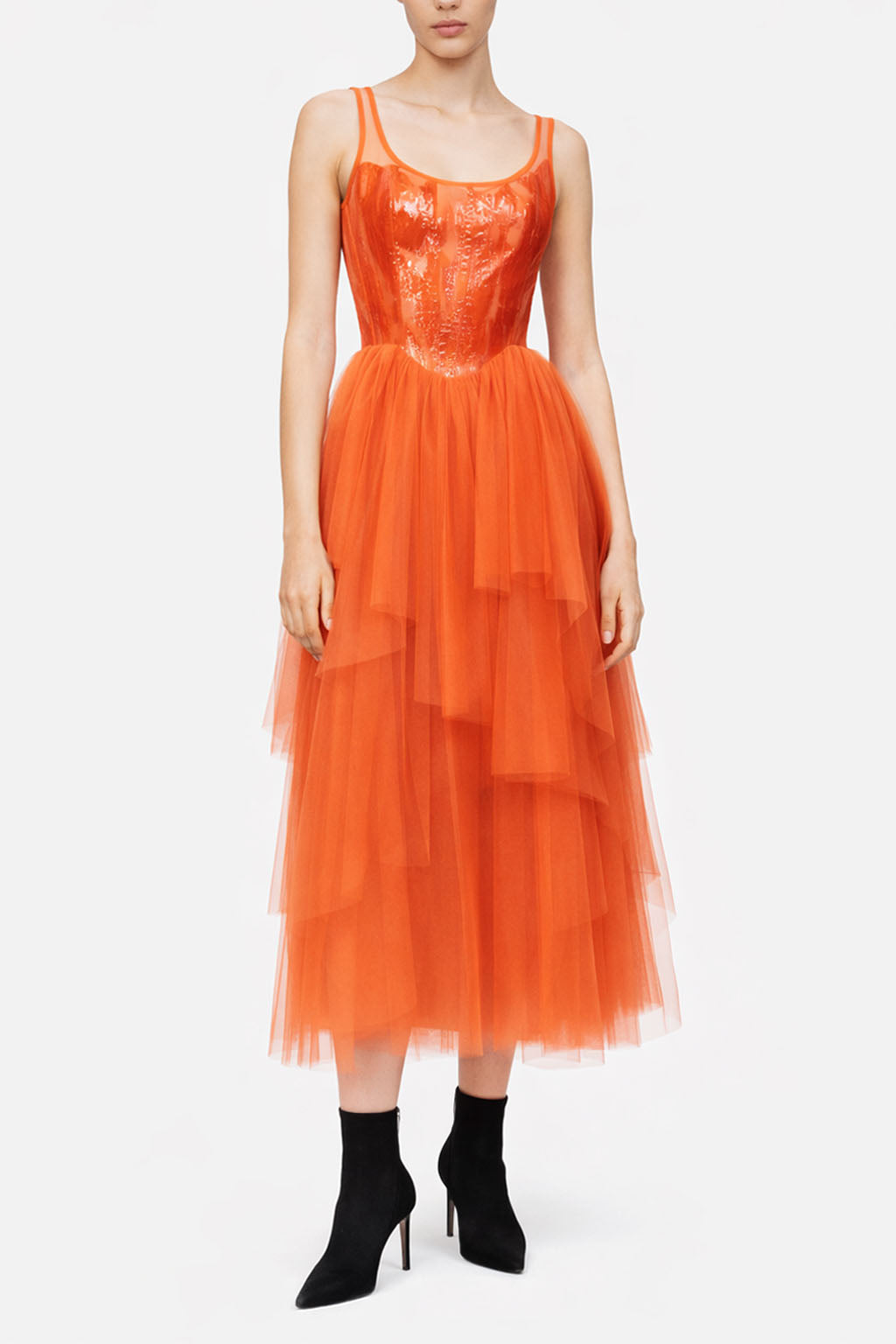 Abito midi in tulle con corpetto effetto bustier spalmato e gonna a balze