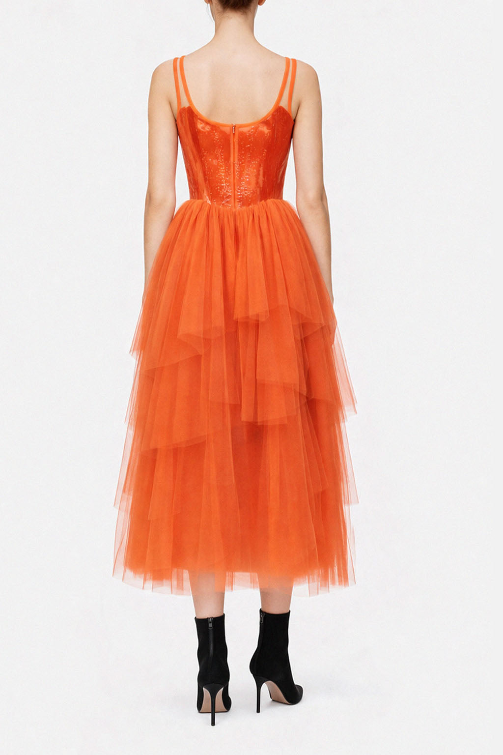 Abito midi in tulle con corpetto effetto bustier spalmato e gonna a balze