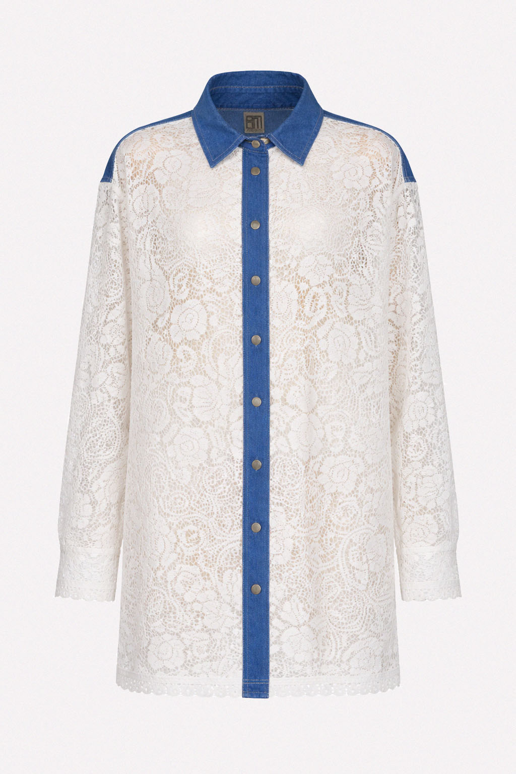 Camicia in pizzo macramé trasparente con inserti in denim