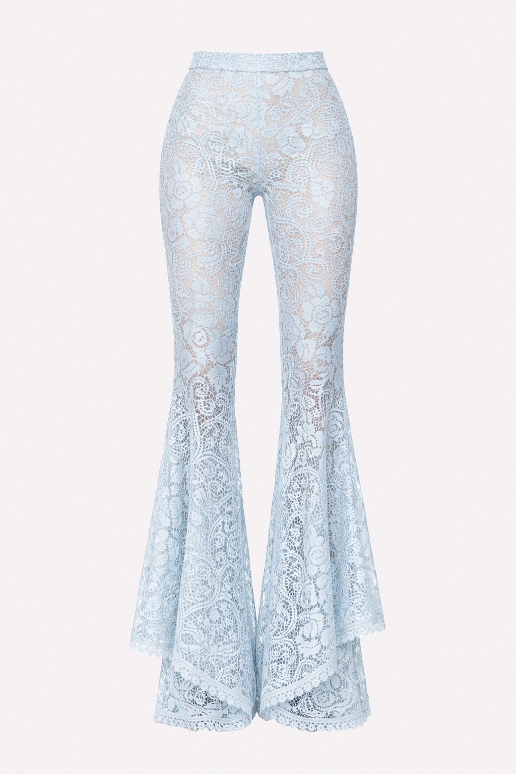 Pantalone flare in pizzo macramé con balza asimmetrica e vita alta