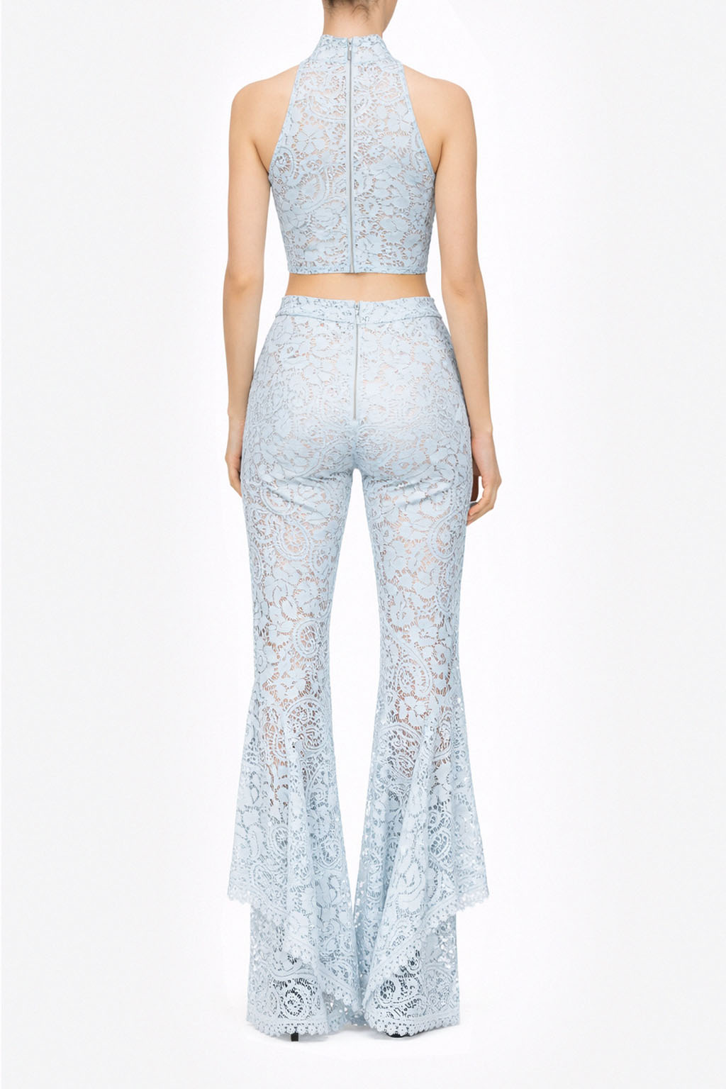 Pantalone flare in pizzo macramé con balza asimmetrica e vita alta