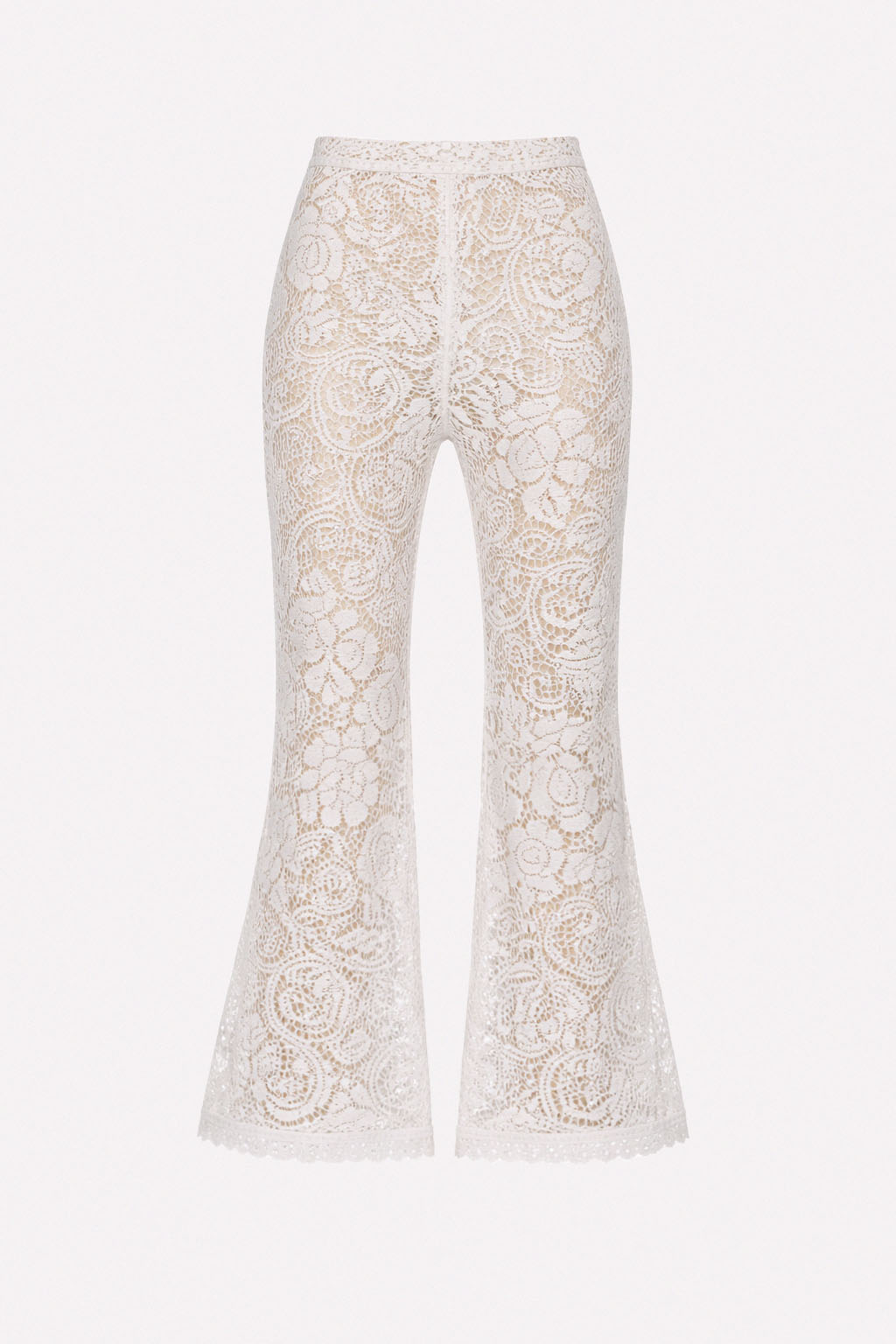 Pantalone in pizzo macramé a vita alta con gamba flare e fondo smerlato