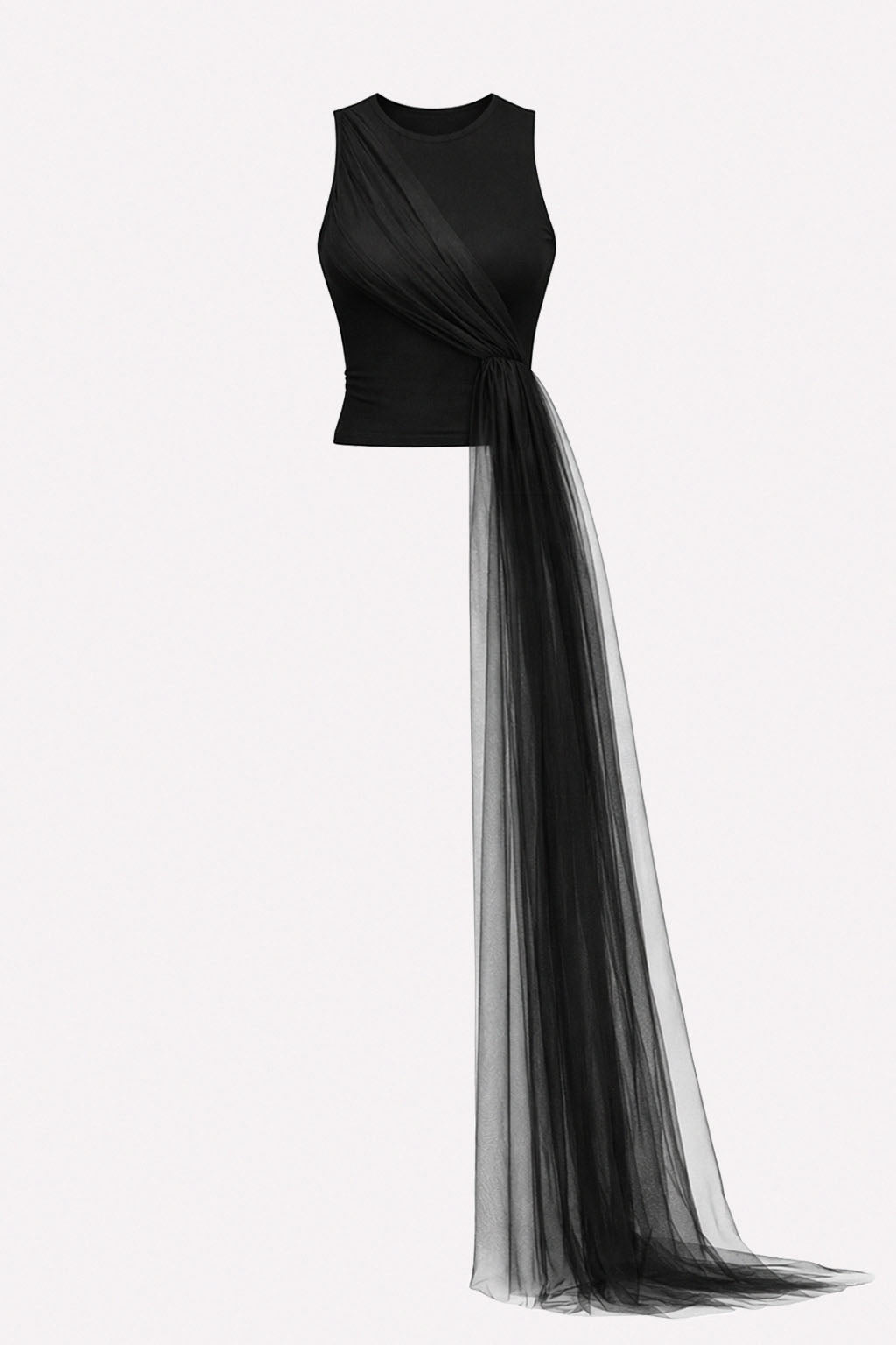Top in jersey con drappeggio asimmetrico in tulle e pannello fluido
