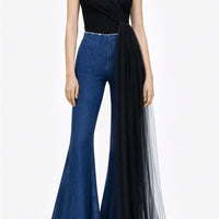 Top in jersey con drappeggio asimmetrico in tulle e pannello fluido