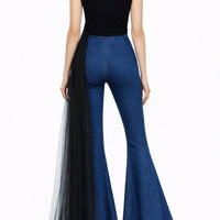 Top in jersey con drappeggio asimmetrico in tulle e pannello fluido