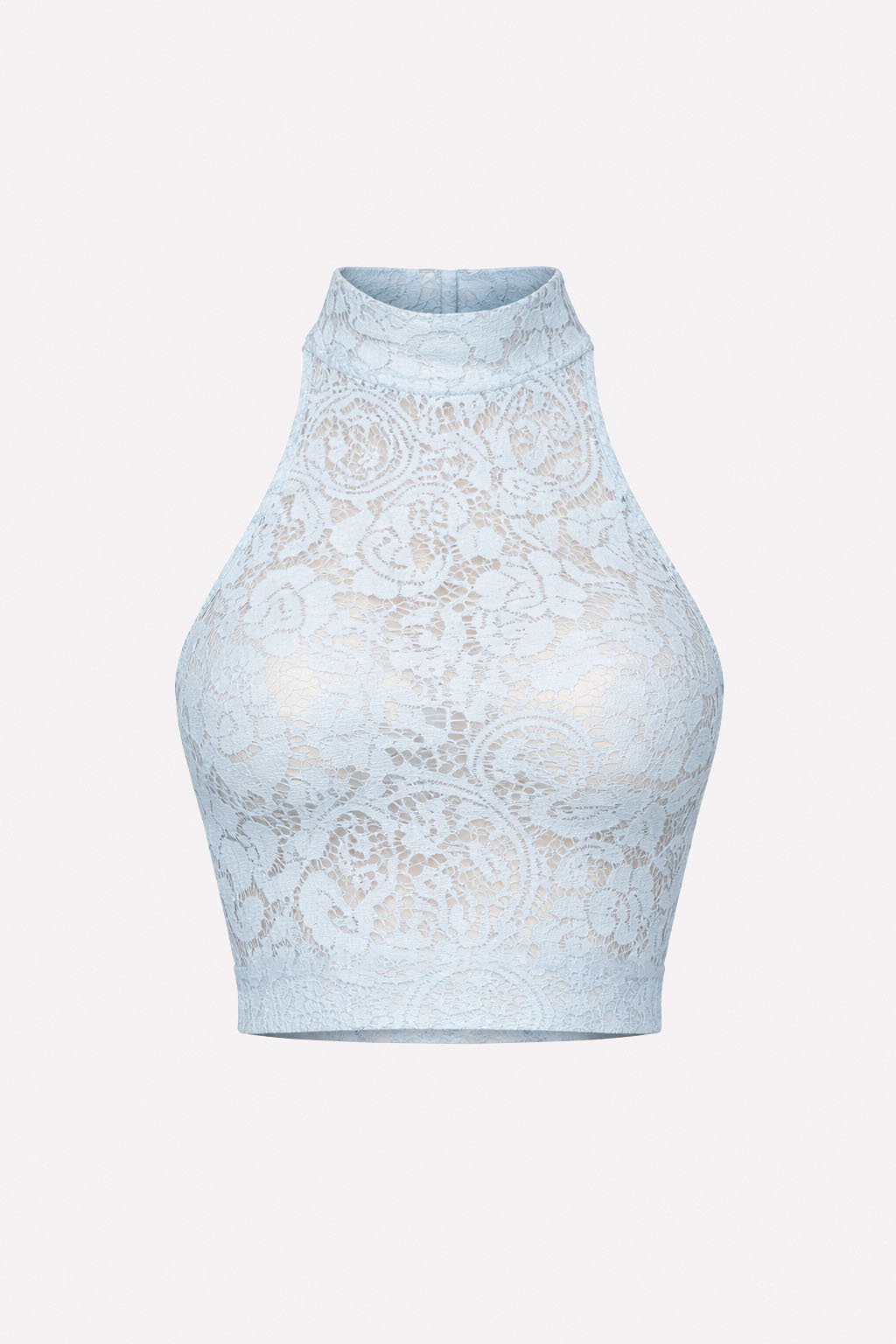 Top crop in pizzo macramé con collo alto e taglio halter