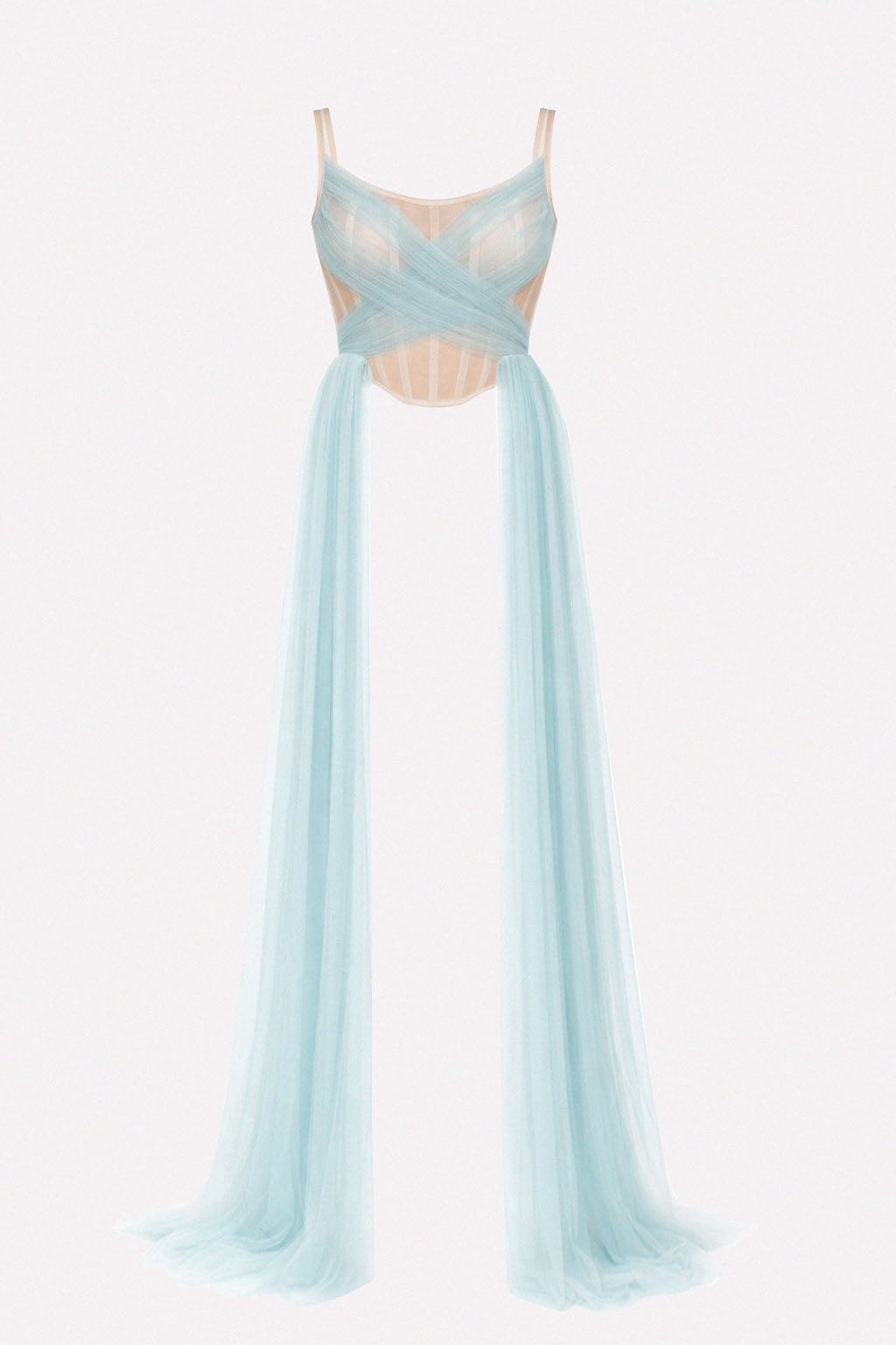 Top corsetto in crinolina nude con drappeggio incrociato in tulle azzurro e pannelli lunghi