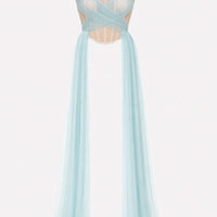 Top corsetto in crinolina nude con drappeggio incrociato in tulle azzurro e pannelli lunghi
