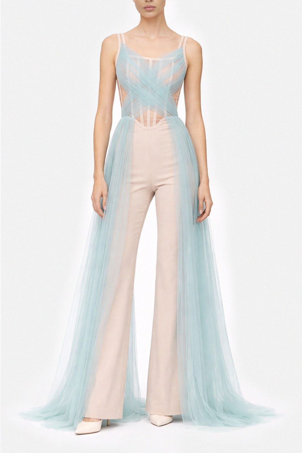 Top corsetto in crinolina nude con drappeggio incrociato in tulle azzurro e pannelli lunghi