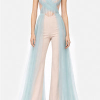 Top corsetto in crinolina nude con drappeggio incrociato in tulle azzurro e pannelli lunghi